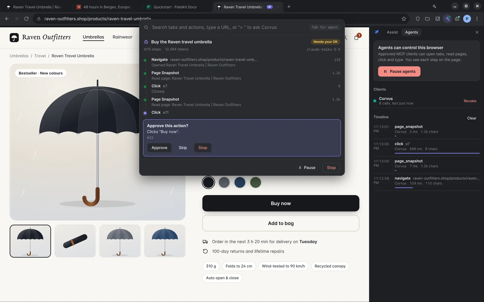 The approval card Corvus shows before a risky step